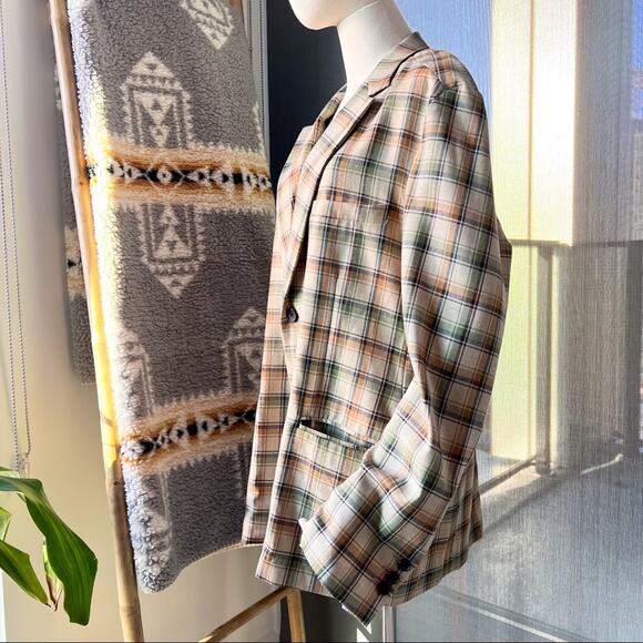 Haleine Beige Multi Plaid Long Sleeve 2 Button Front Oversized Wool Blazer - Picture 3 of 10